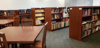 Chairs and tables in a library.