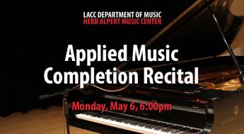 Applied Music Completion Recital, Monday, May 6, 6:00pm. A piano sits open, ready for performance