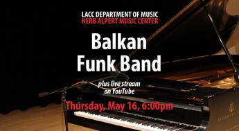 Balkan Funk Band, Thursday, May 16, 6:00pm, plus live stream on YouTube. A piano sits open, ready for performance