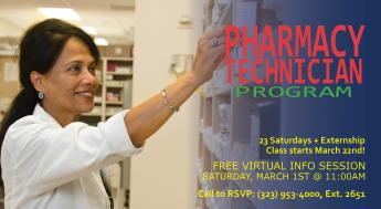 Image of a Pharmacy Technician at work that promotes LACC Extension's Pharmacy Technician Program FREE Online Info Session taking place Saturday, March 1st at 11AM through Zoom.