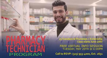 Image of a Pharmacy Technician at work that promotes LACC Extension's Pharmacy Technician Program FREE Online Info Session taking place Tuesday, May 20th at 6pm through Zoom.