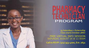 Image of a Pharmacy Technician at work that promotes LACC Extension's Pharmacy Technician Program FREE Online Info Session taking place Saturday, March 1st at 11AM through Zoom.