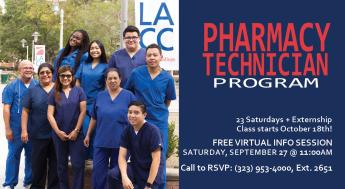 Image of Pharmacy Technician Program cohort at LACC with information promoting this public event.