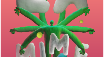 Poster for the LA Mime Festival, held September 25–28 at Caminito Theatre, LACC. The design features a surreal green figure with outstretched arms forming the letters “L” and “A.” The word “MIME” appears across its body in bold white letters, with colorful floating spheres around it. “FESTIVAL” is written below in yellow. The background is a gradient of pink to red. A QR code and the LACC Theatre Academy logo appear in the bottom left corner, with text: “Visit lamimefestival.com for tickets & info.”