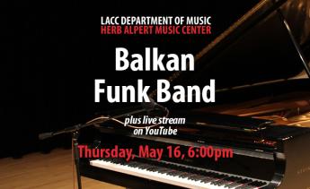 Balkan Funk Band, Thursday, May 16, 6:00pm, plus live stream on YouTube. A piano sits open, ready for performance