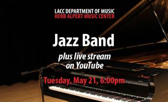 Jazz Band, Tuesday, May 21, 6:00pm, plus live stream on YouTube. A piano sits open, ready for performance