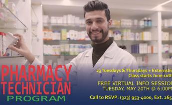 Image of a Pharmacy Technician at work that promotes LACC Extension's Pharmacy Technician Program FREE Online Info Session taking place Tuesday, May 20th at 6pm through Zoom.