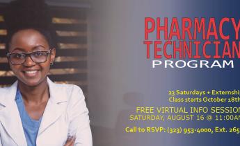 Image of a Pharmacy Technician at work that promotes LACC Extension's Pharmacy Technician Program FREE Online Info Session taking place Saturday, March 1st at 11AM through Zoom.