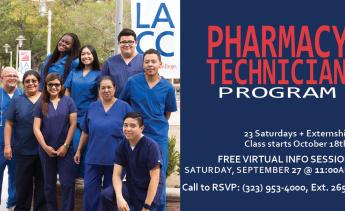 Image of Pharmacy Technician Program cohort at LACC with information promoting this public event.