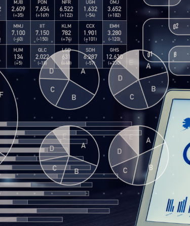 black and white banner with charts and graphs