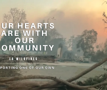 A powerful image of the LA wildfires' aftermath, showing destruction and smoke-filled skies. The text highlights community support for a faculty member who lost their home.