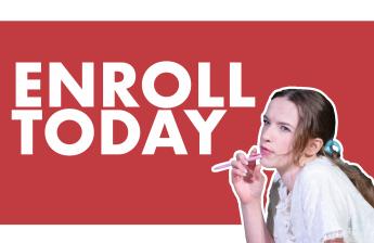 Student in a thoughtful pose holding a pen with the phrase 'Enroll Today' displayed above.