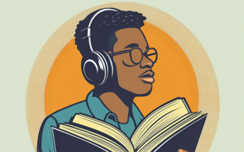 Student listening to an audiobook and reading