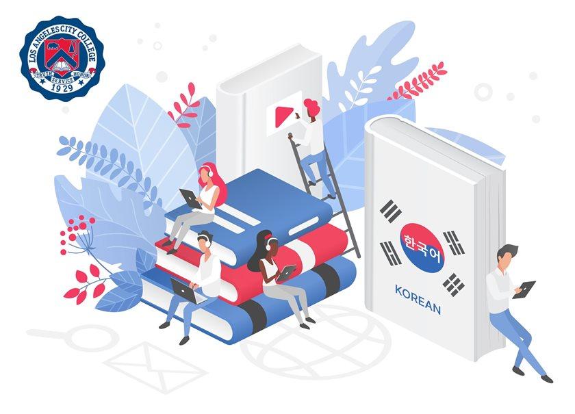 Illustration of students studying giant books about the Korean Language