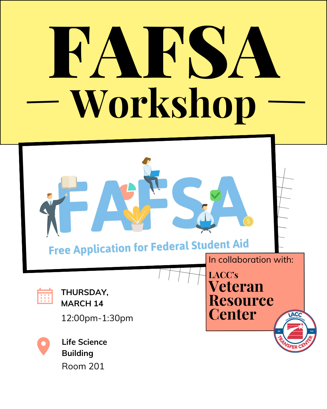FAFSA Workshop flyer in collaboration with LACC Veteran Resource Center and Transfer Center happening March 14th from 12:00pm-1:30pm