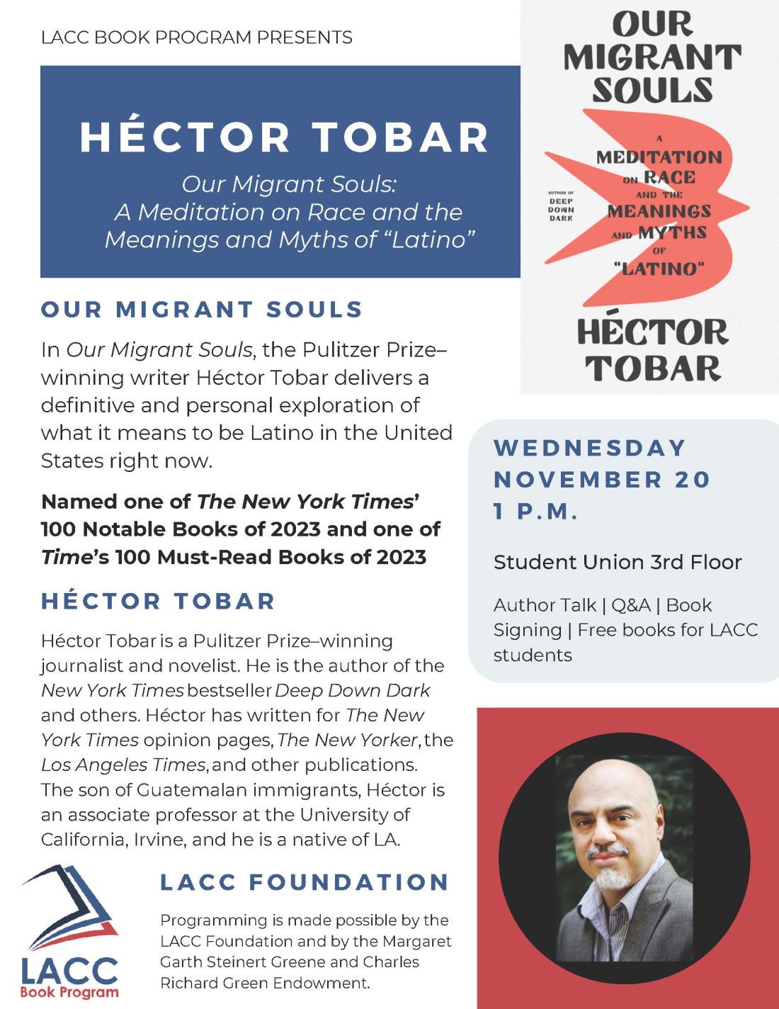 Book Program Flyer - Hector Tobar Talk on "Our Migrant Souls: A Meditation on Race and the Meanings and Myths of "Latino"