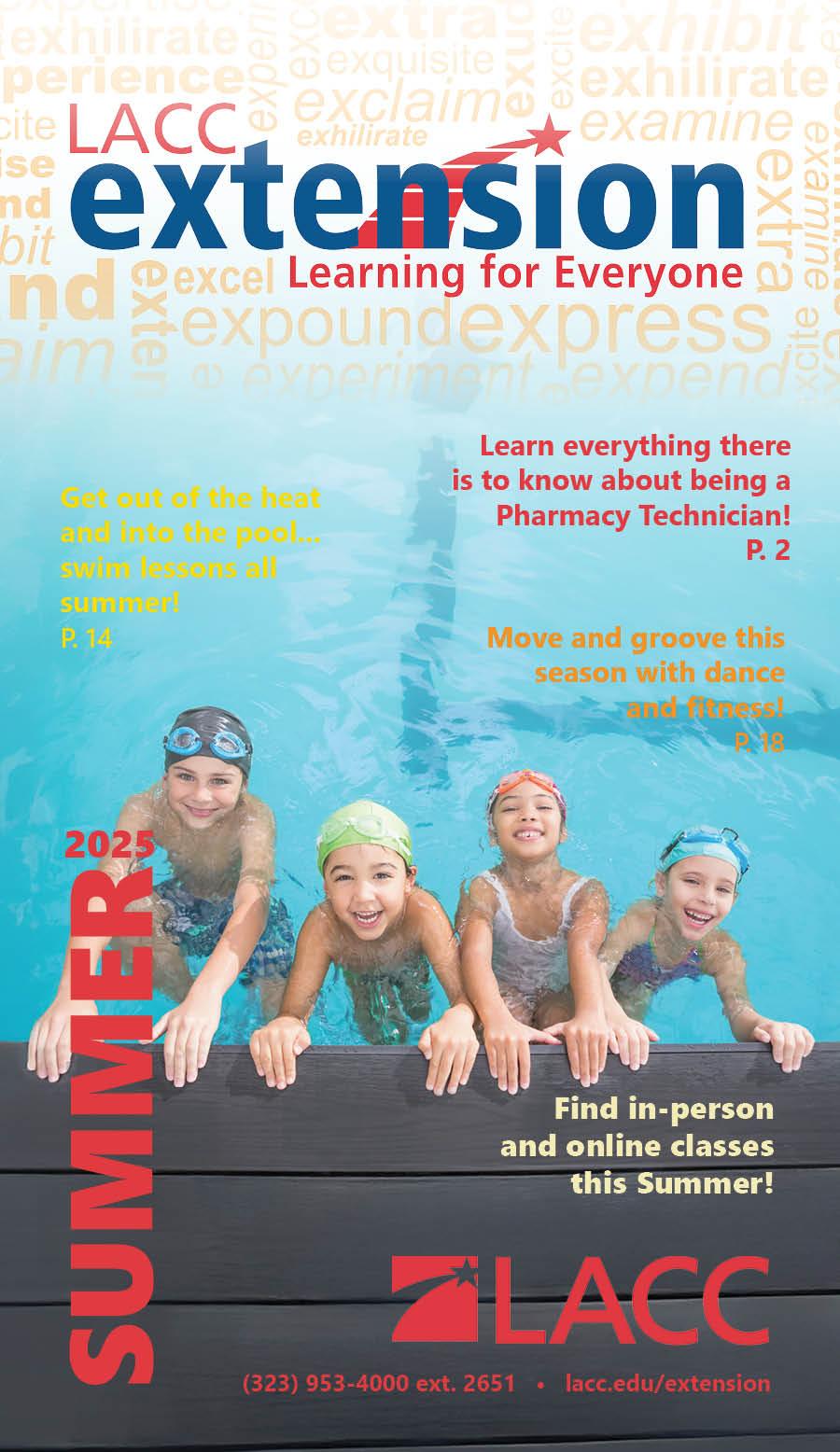 2025 Summer LACC Extension Class Catalog featuring a group of children in a swimming pool