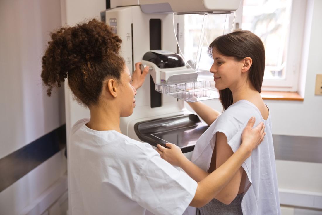 Woman receiving her mammogram