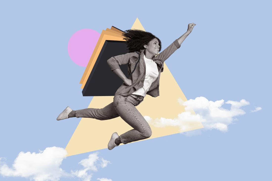 Poster collage of woman fly with book on black and white isolated on painting blue color background