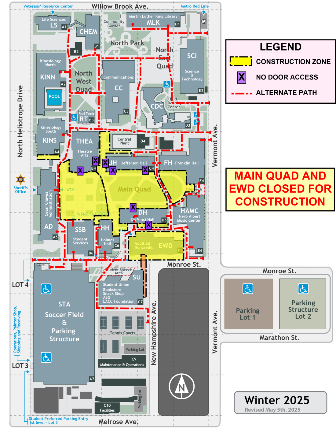 LACC Campus map with construction and paths of travel updates made 5/5/2025