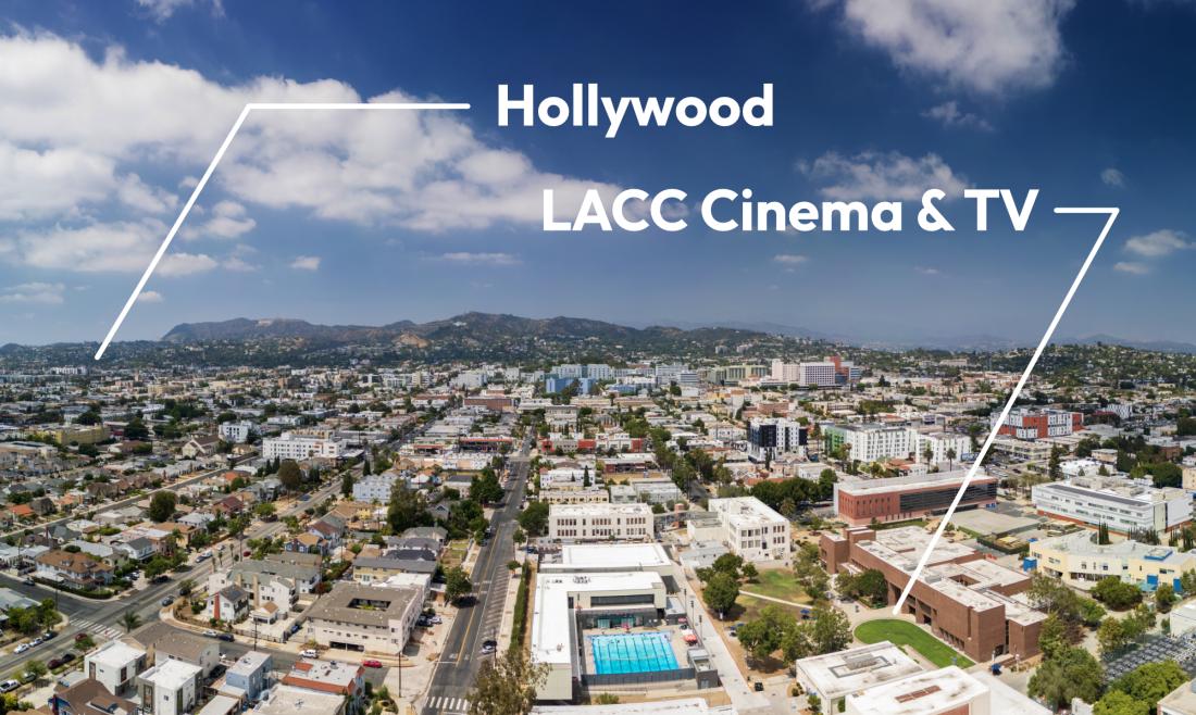An aerial photo of the Los Angeles City College Campus that shows our campus's close proximity to Hollywood, with the Hollywood Sign and Griffith Observatory landmarks able to be identified in the mountains in the background