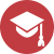 circular red icon with white icon of a graduation cap