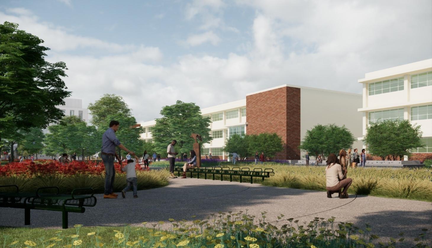 The Main Quad is filled with trees and native flowers