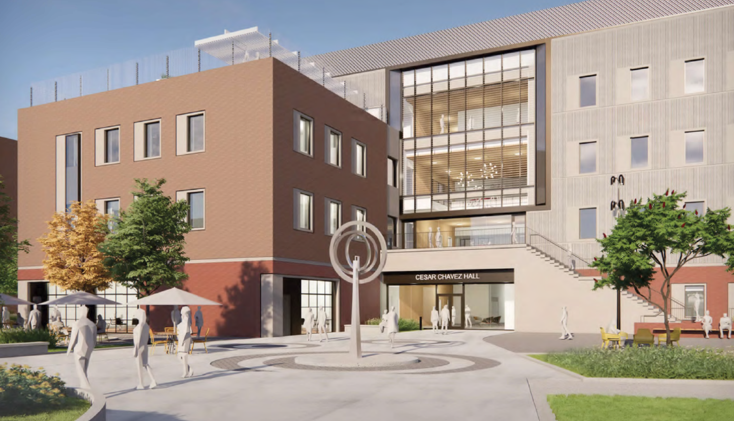 A rendering of the new Cesar Chavez Building as viewed from the east side of campus