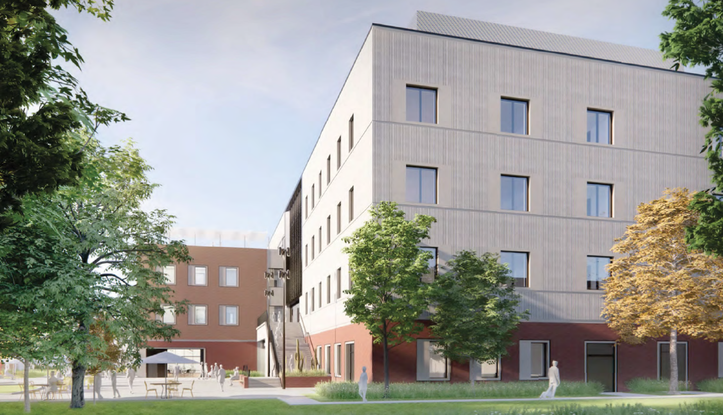 A rendering of the new Cesar Chavez Building as viewed from the north side of campus