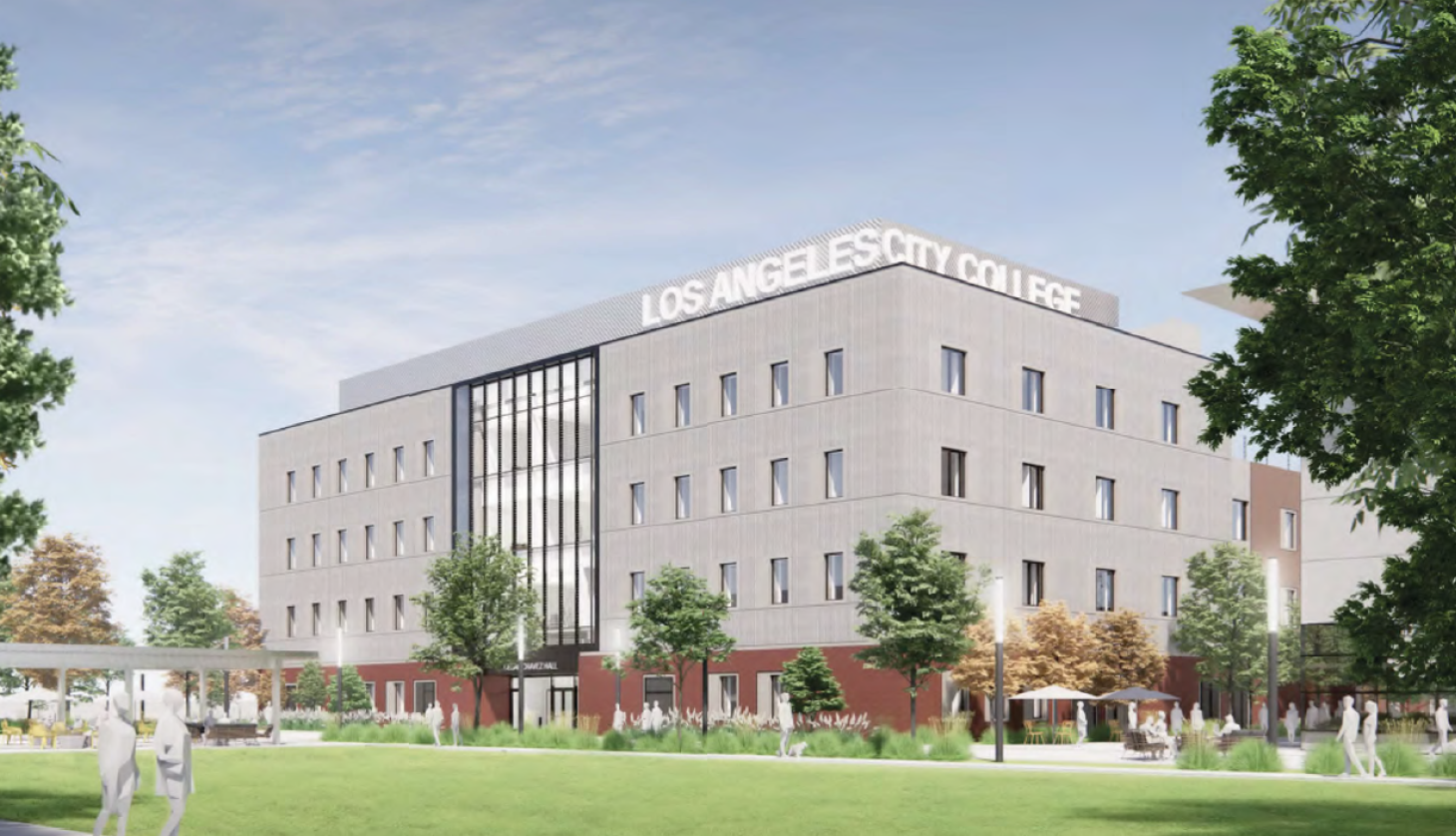 A rendering of the new Cesar Chavez Building as viewed from the west side of campus on Heliotrope