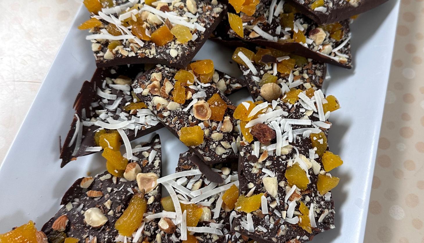 Dark chocolate with coconut and fruit chunks